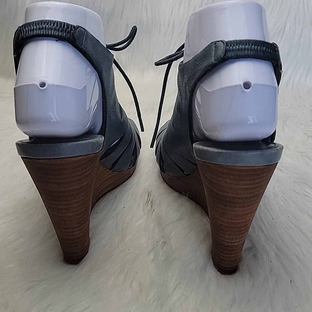 COLE HAAN Gray Blue Lace Up Cut Out Peep Toe Sling Back Wedge Sandal Heels 8 NeW